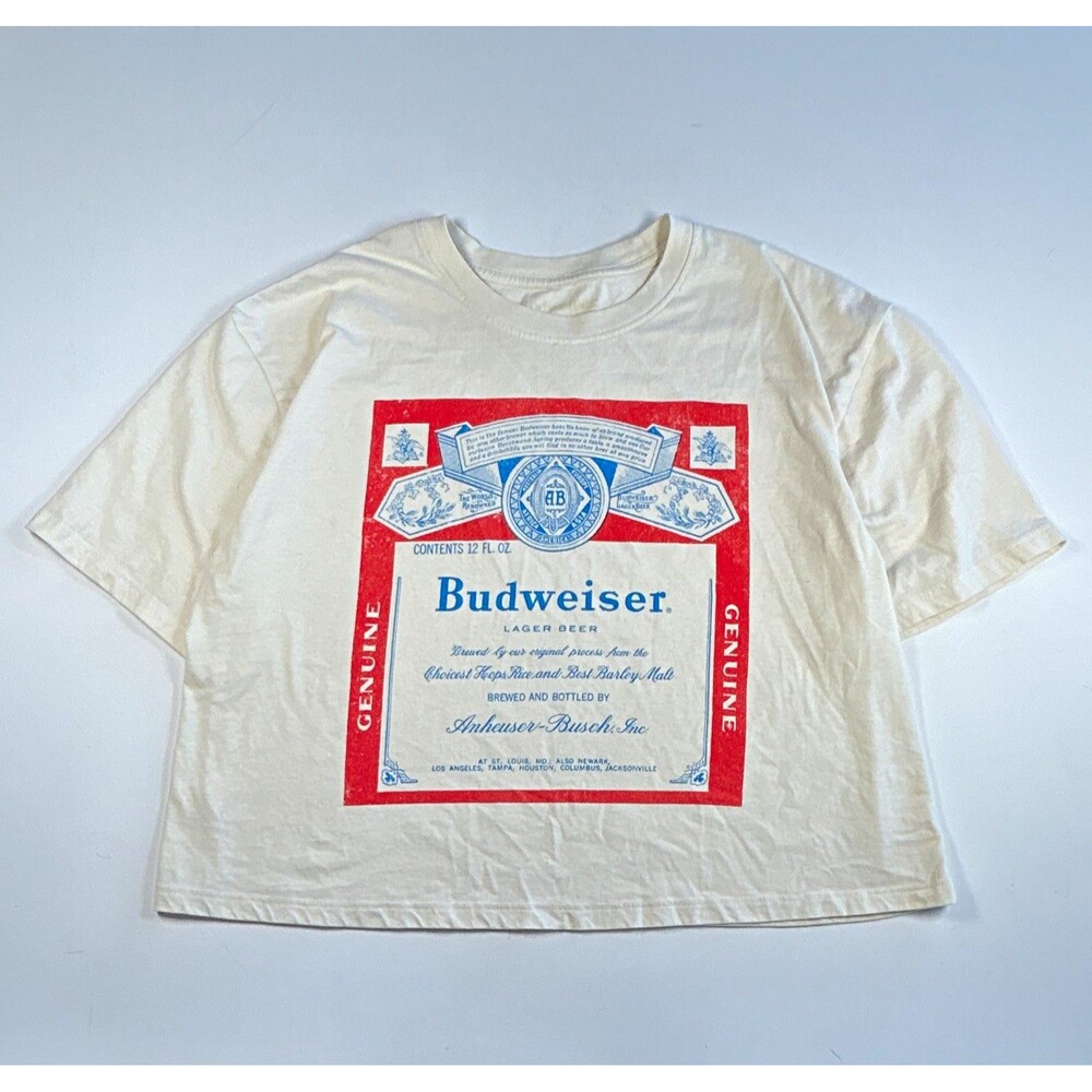 Budweiser Cropped Tee Womens L Cream Boxy Crop Soft T-Shirt Beer Graphic